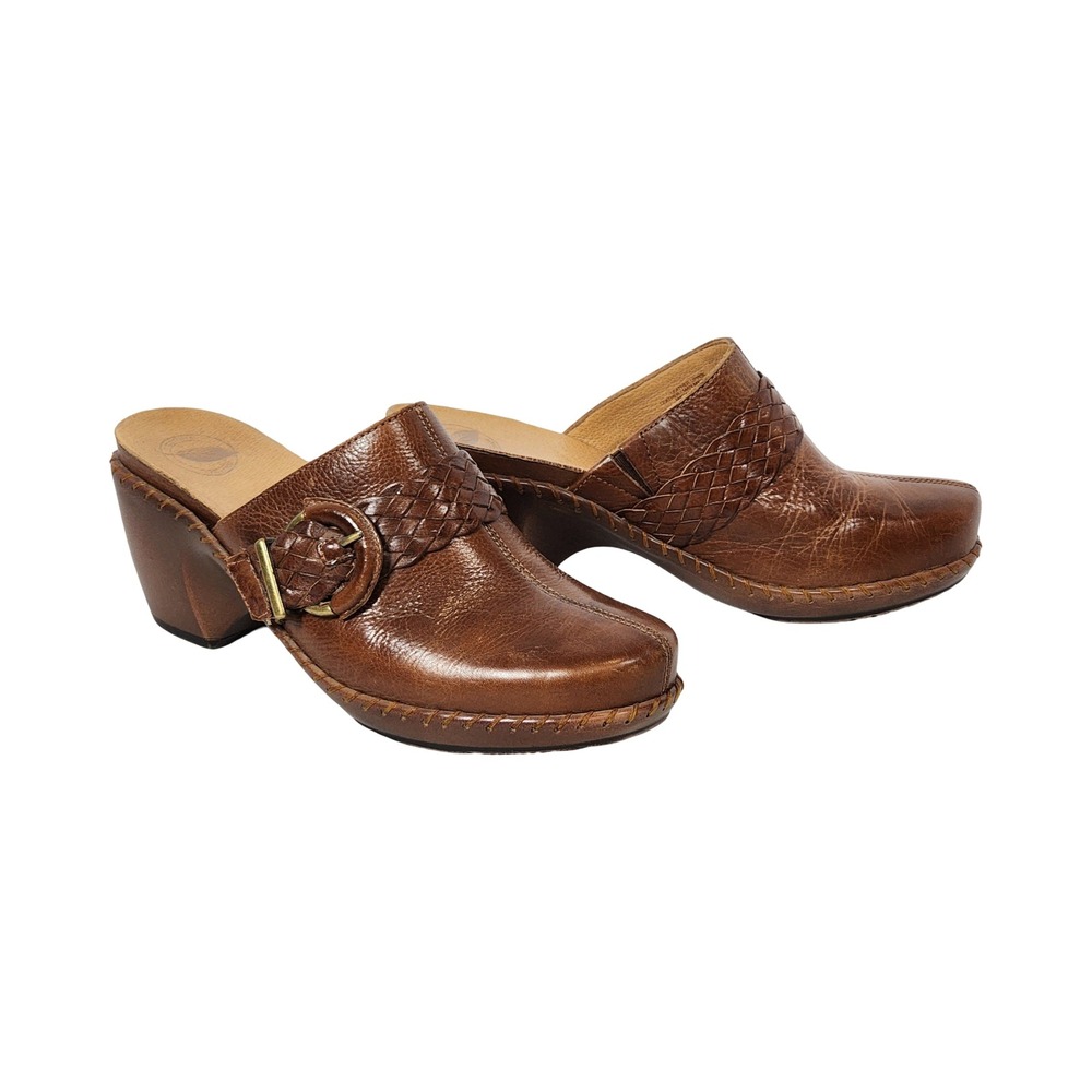 Nurture Abiee Brown Leather Woven Buckle Clog Mules Womens 7M Block Heel Brazil
